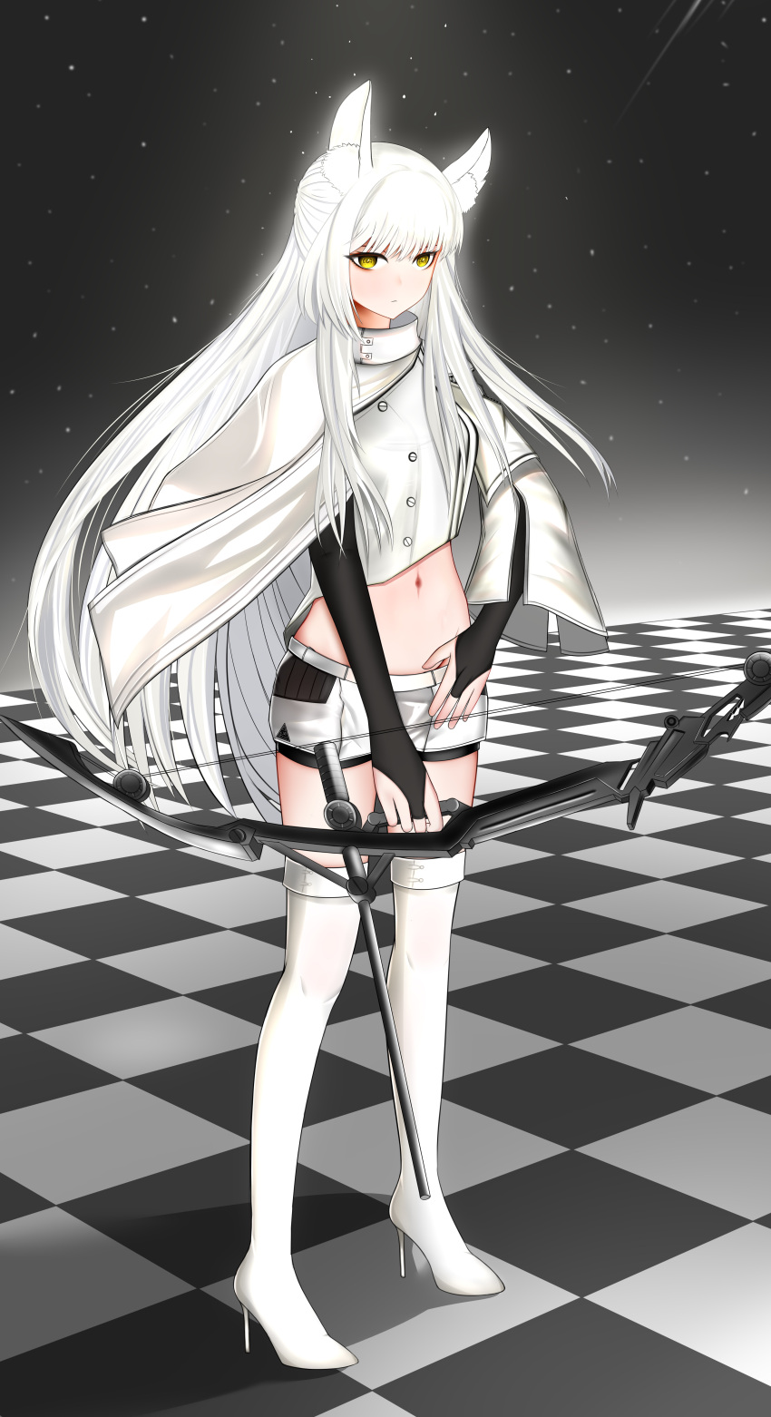 1girl absurdres animal_ear_fluff animal_ears arknights bangs black_gloves boots bridal_gauntlets checkered checkered_floor chinese_commentary commentary_request crop_top full_body gloves high_heel_boots high_heels highres huanyi_huanhuanzi incredibly_absurdres jacket long_hair long_sleeves looking_at_viewer midriff navel platinum_(arknights) shadow short_shorts shorts silver_hair solo standing stomach thigh-highs thigh_boots very_long_hair white_footwear white_jacket white_shorts wide_sleeves yellow_eyes