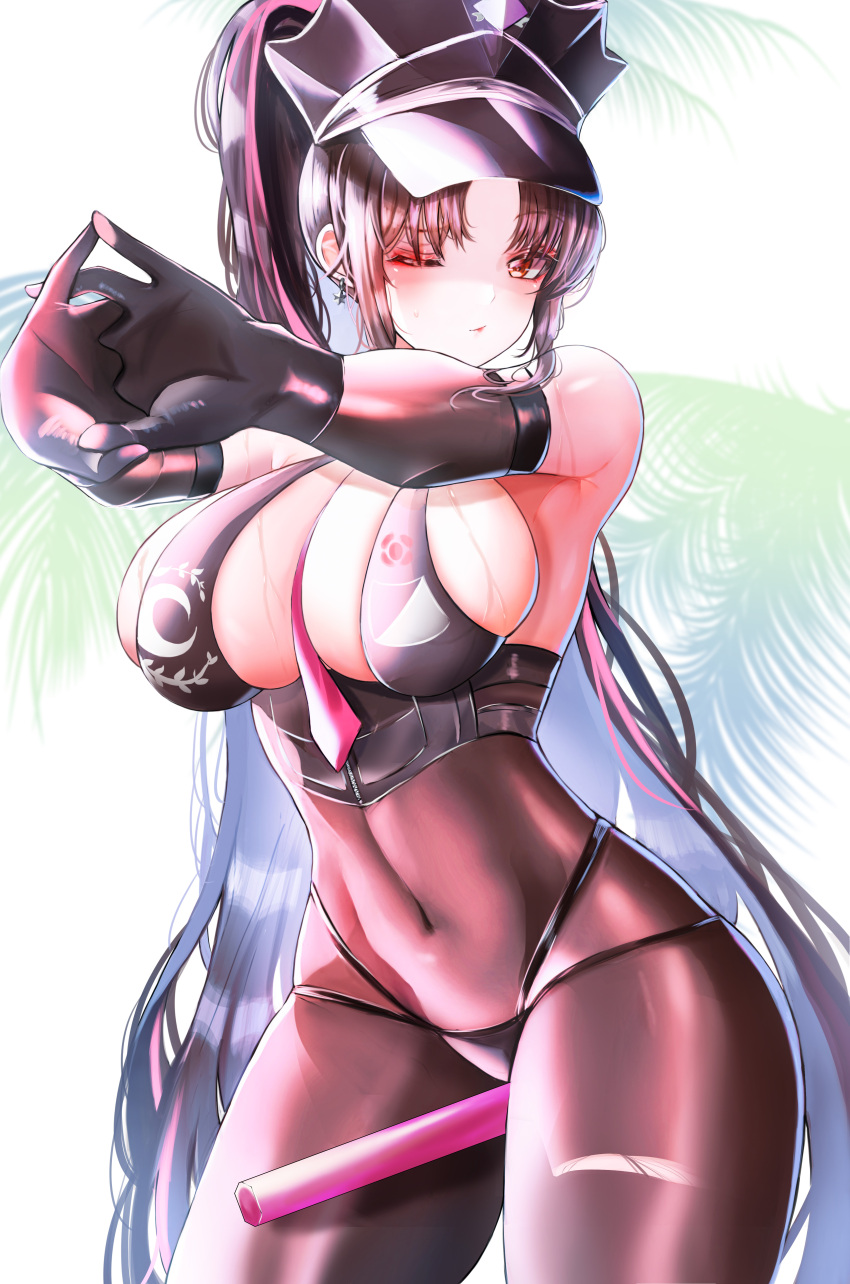 absurdres bangs bikini black_bikini black_bodysuit black_gloves black_hair black_legwear bodystocking bodysuit breasts covered_navel earrings elbow_gloves eyebrows_visible_through_hair fate/grand_order fate_(series) ga_yeah gloves halter_top halterneck hat highres huge_breasts jewelry long_hair looking_at_viewer multicolored_hair necktie one_eye_closed orange_eyes parted_bangs pink_hair pink_necktie police_hat ponytail sesshouin_kiara sesshouin_kiara_(swimsuit_mooncancer)_(fate) sidelocks star_(symbol) star_earrings streaked_hair stretch swimsuit torn_bodysuit torn_clothes traffic_baton very_long_hair wet