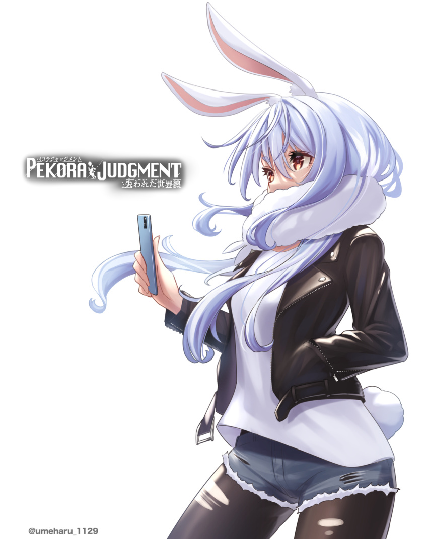 1girl animal_ears bangs black_jacket black_legwear blue_hair blue_shorts bob-the-bison bunny_symbol cellphone commentary_request don-chan_(usada_pekora) eyebrows_visible_through_hair floating_hair hair_between_eyes hand_in_pocket highres holding holding_phone hololive jacket long_hair looking_to_the_side open_clothes open_jacket pantyhose phone rabbit_ears rabbit_girl rabbit_tail red_eyes shirt short_shorts shorts sidelocks simple_background smartphone solo symbol-shaped_pupils tail thick_eyebrows torn_clothes torn_legwear twitter_username usada_pekora virtual_youtuber white_background white_shirt