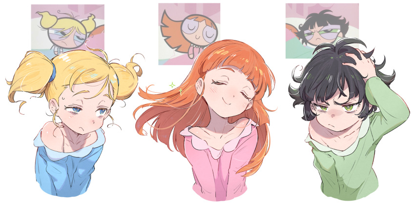 3girls =v= bags_under_eyes bangs bare_shoulders black_hair blonde_hair blossom_(ppg) blunt_bangs bubbles_(ppg) buttercup_(ppg) buttercup_redraw_challenge collage collarbone cropped_torso floating_hair frown highres long_sleeves looking_afar messy_hair multiple_girls off-shoulder_shirt off_shoulder orange_hair powerpuff_girls reference_inset shirt simple_background single_bare_shoulder sleepy straight_hair toku_(ke7416613) twintails upper_body white_background