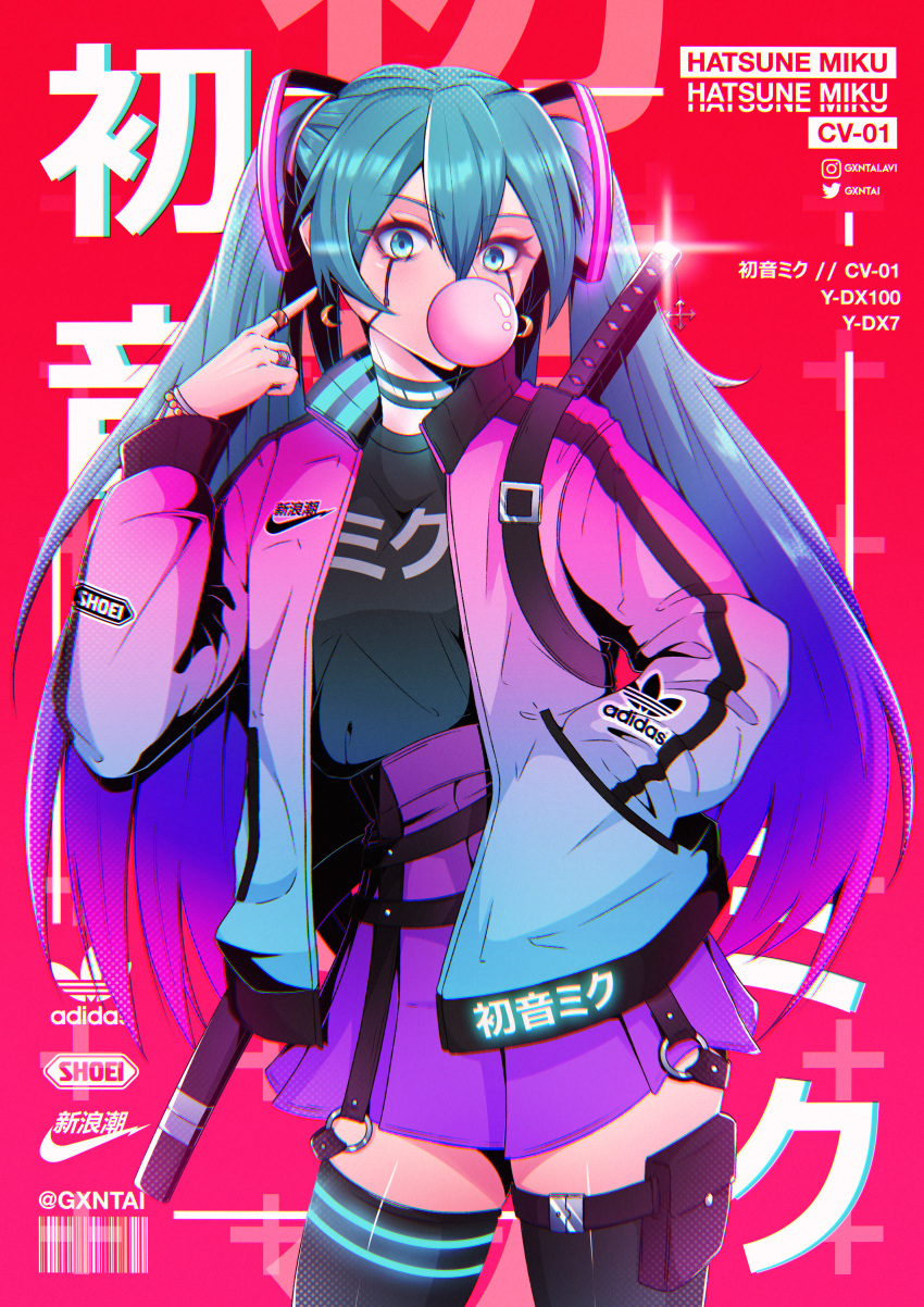 1girl absurdres adidas aqua_hair artist_name blue_eyes bubble_blowing choker cowboy_shot earrings gantai-_(gxntai) hair_ornament hatsune_miku highres jacket jewelry long_hair long_sleeves looking_at_viewer purple_jacket purple_skirt red_background ring skirt solo sword thigh-highs twintails very_long_hair vocaloid weapon