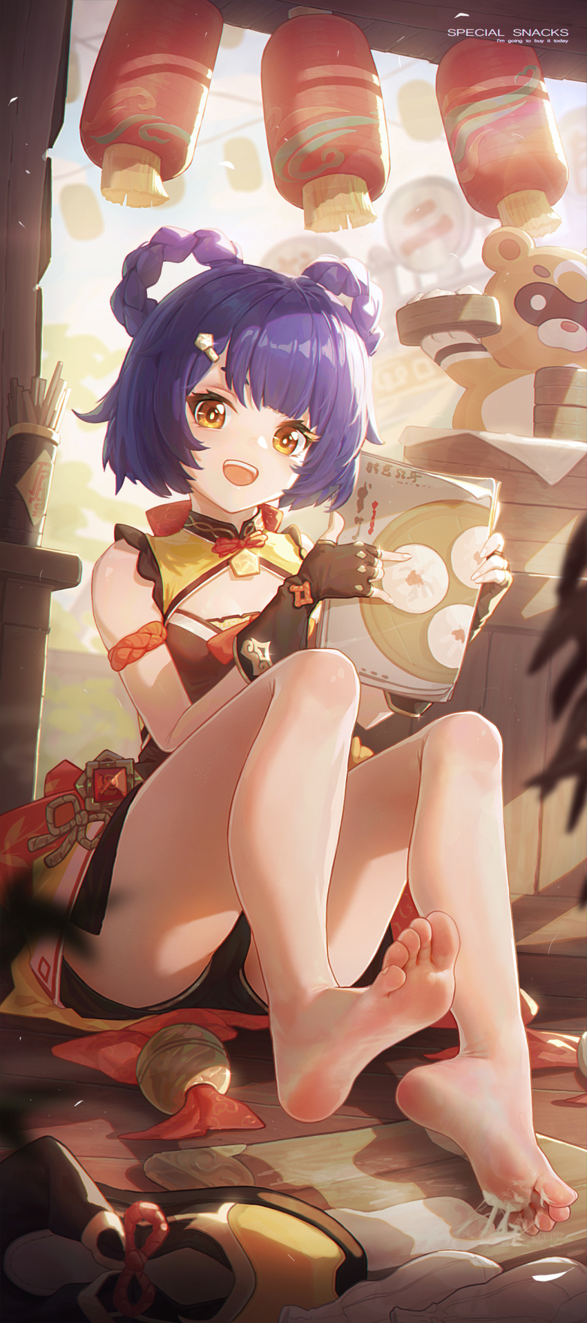 1girl :d absurdres bangs bare_legs barefoot black_gloves blue_hair blush brown_eyes chinese_commentary commentary_request feet fingerless_gloves genshin_impact gloves guoba_(genshin_impact) hair_ornament hair_rings hairclip highres holding ice_(dzs1392584271) looking_at_viewer shoes shoes_removed short_hair sitting smile soles teeth toes upper_teeth vision_(genshin_impact) wooden_floor xiangling_(genshin_impact)