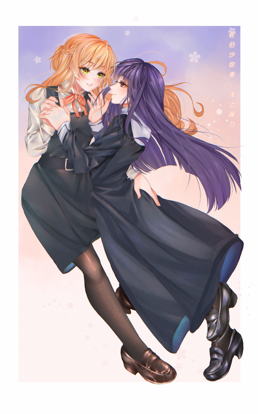 2girls absurdres asagami_fujino brown_hair crossover fate/grand_order fate_(series) green_eyes hand_on_hip highres hime_cut holding_hands imminent_kiss jewelry kara_no_kyoukai looking_at_another multiple_girls reien_girl's_academy_uniform ring saeki_sayaka school_uniform uniform yagate_kimi_ni_naru yuri