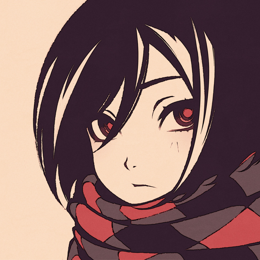 1girl bangs black_hair black_scarf bob_cut brown_background close-up hair_between_eyes moshimoshibe original portrait red_eyes red_scarf scarf short_hair simple_background solo striped striped_scarf texture