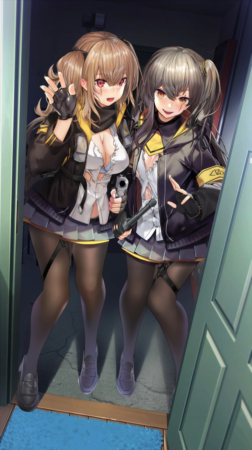 2girls armband bangs baton_(weapon) black_footwear black_gloves black_legwear bra breasts brown_eyes brown_hair commentary_request fingerless_gloves girls_frontline gloves grey_hair grey_skirt gun handgun highres holding holding_gun holding_weapon indoors jacket looking_at_viewer medium_breasts multiple_girls nail_polish one_side_up open_mouth pantyhose partial_commentary pink_nails pistol qibu_yuren_jiu red_eyes scar scar_across_eye scar_on_face shirt skirt small_breasts standing teeth torn_clothes ump45_(girls'_frontline) ump9_(girls'_frontline) underwear uniform upper_teeth weapon white_bra white_shirt