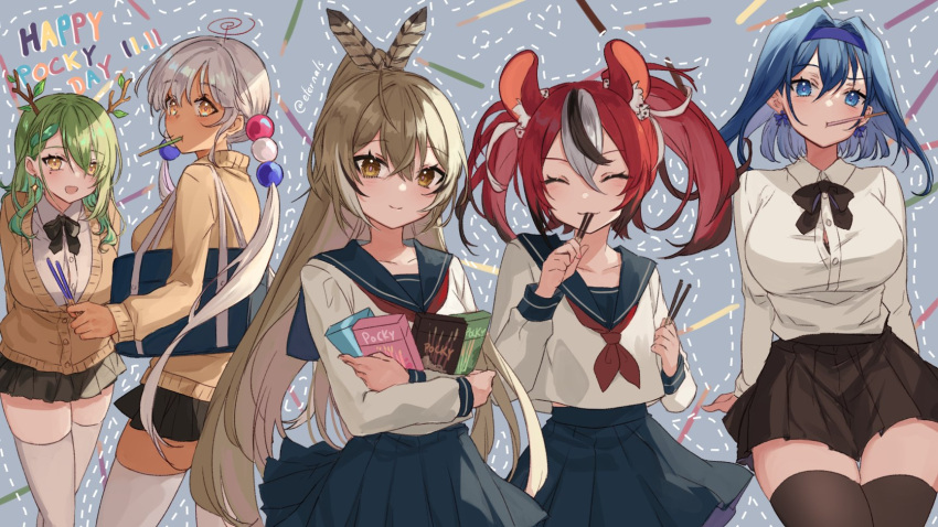 5girls ^_^ alternate_costume animal_ear_fluff animal_ears bangs black_bow black_bowtie black_hair black_skirt blue_eyes blue_skirt blush bow bowtie box branch breasts brown_eyes ceres_fauna closed_eyes collared_shirt dark-skinned_female dark_skin dice_hair_ornament eyebrows_visible_through_hair food green_hair grey_background hair_behind_ear hair_intakes hair_ornament hakos_baelz highres holding holding_box holocouncil hololive hololive_english in_mouth large_breasts limiter_(tsukumo_sana) long_hair medium_breasts mole mole_under_eye mouse_ears mouse_girl multiple_girls nanashi_mumei orange_eyes ouro_kronii pocky pocky_day ponytail sailor_collar school_uniform serafuku shirt short_hair silver_hair skindentation skirt smile ten-chan_(eternal_s) thick_thighs thigh-highs thighs tsukumo_sana twintails twitter_username very_long_hair virtual_youtuber white_hair