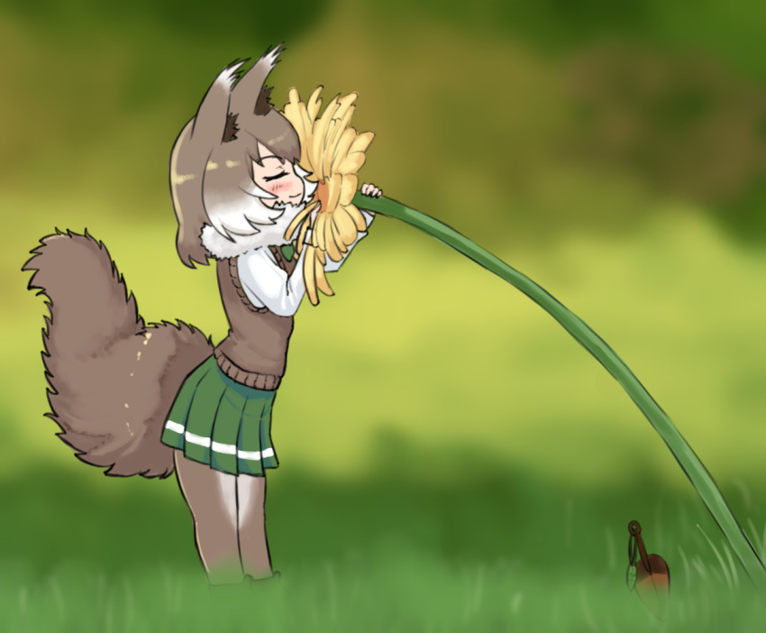 1girl animal_ears bluebird_(leh951025) blurry blurry_background blush brown_hair brown_sweater_vest closed_eyes closed_mouth flower grass green_skirt japanese_squirrel_(kemono_friends) kemono_friends shovel skirt smelling_flower smile solo squirrel_ears squirrel_girl squirrel_tail standing sweater_vest tail