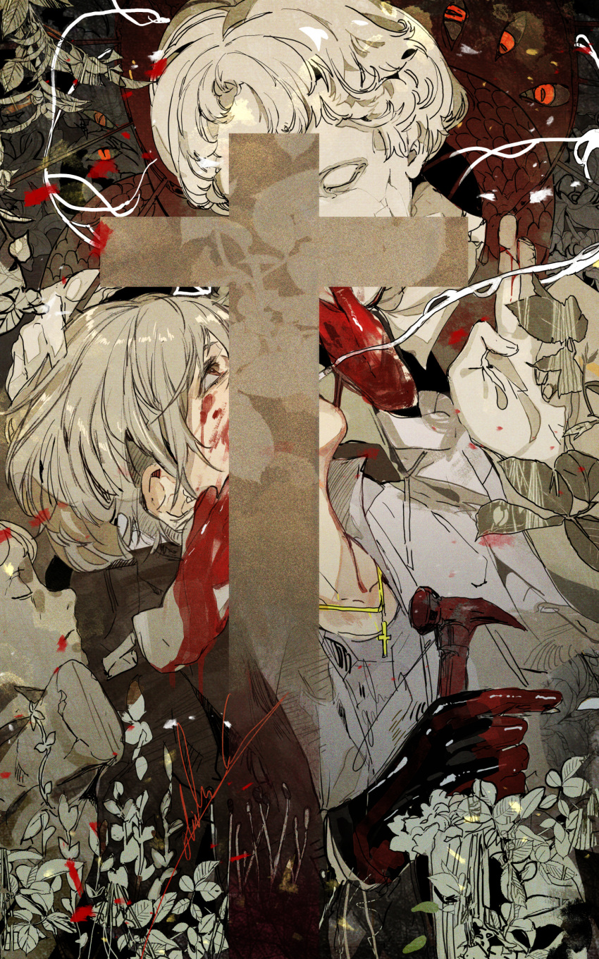 1boy blood blood_on_face blood_on_hands broken_statue brown_eyes crack cross cross_necklace grey_hair hammer hand_on_another's_face hand_on_another's_head highres hiranko holding holding_hammer jacket jewelry looking_at_another male_focus necklace open_clothes open_jacket original plant shirt short_hair smile smoke_trail smoking statue white_hair white_shirt