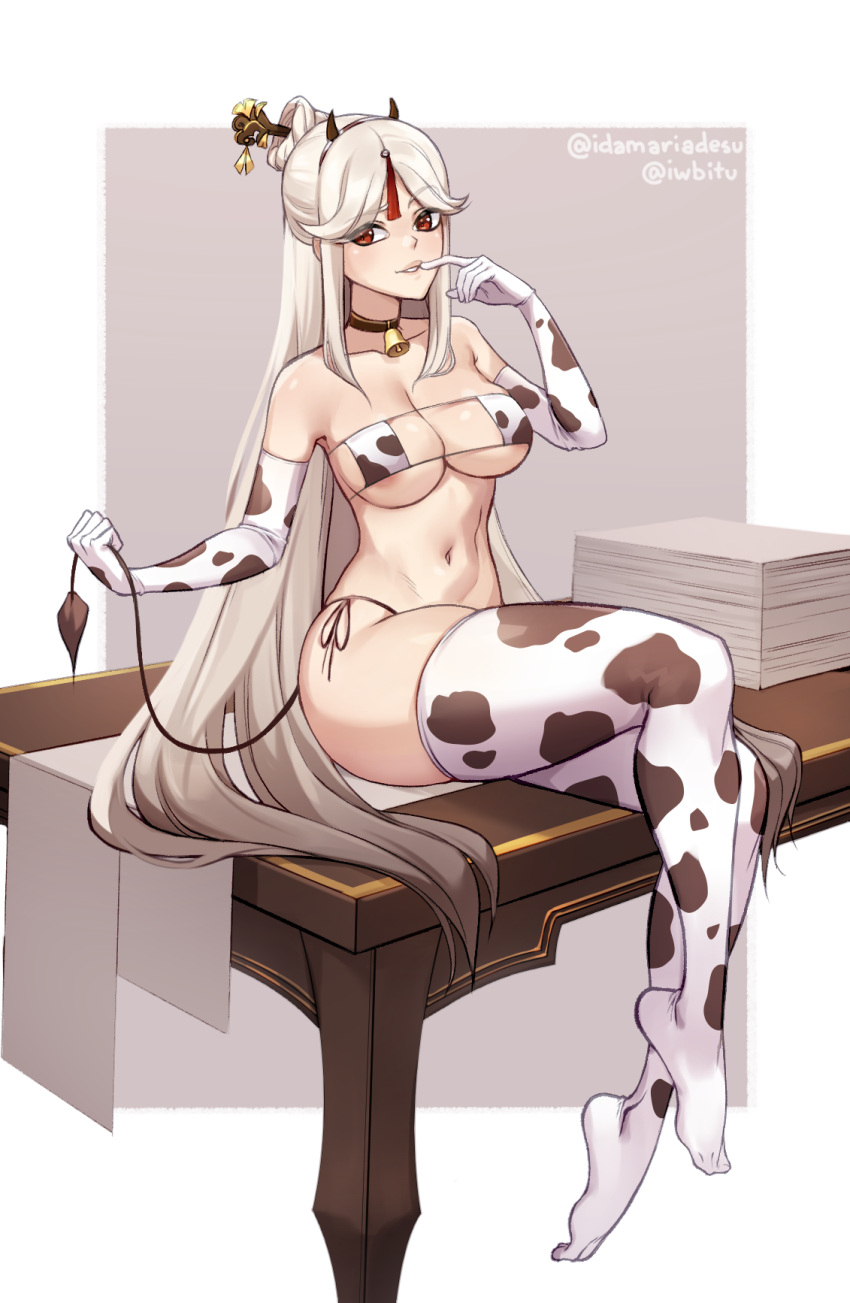 1girl animal_print bell bikini breasts choker cow_horns cow_print cow_tail elbow_gloves eyepatch_bikini fake_horns finger_to_mouth full_body genshin_impact gloves hair_ornament hair_stick half_updo highres horns iwbitu jingle_bell large_breasts long_hair navel neck_bell ningguang_(genshin_impact) no_shoes on_table paper_stack parted_lips print_gloves print_legwear red_eyes side-tie_bikini sitting solo swimsuit table tablecloth tail tassel thick_thighs thigh-highs thighs very_long_hair white_hair