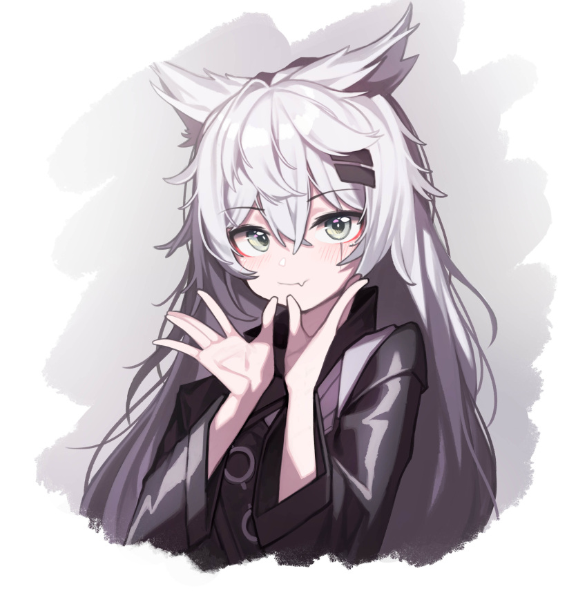 1girl absurdres animal_ear_fluff animal_ears arknights bangs beudelb black_jacket closed_mouth eyebrows_visible_through_hair fang grey_eyes grey_hair hair_between_eyes hair_ornament hairclip hands_up highres jacket lappland_(arknights) long_hair looking_at_viewer scar scar_across_eye skin_fang smile solo upper_body white_background wolf_ears