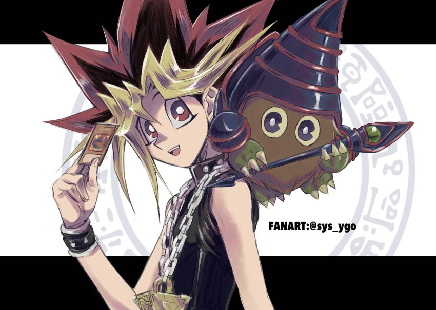 1boy :d black_shirt blonde_hair bright_pupils brown_hair chain_necklace commentary_request duel_monster hand_up highres kuriboh male_focus millennium_puzzle mutou_yuugi open_mouth pokemon_(creature) red_eyes redhead shirt sleeveless sleeveless_shirt smile soya_(sys_ygo) spiky_hair teeth tongue twitter_username upper_teeth white_pupils yu-gi-oh!
