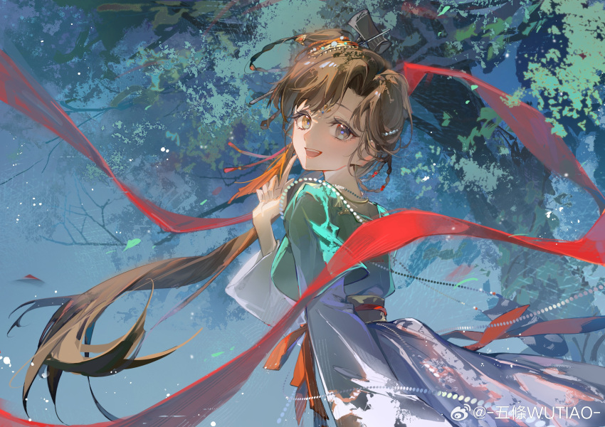 1girl :d absurdres black_background brown_eyes brown_hair chinese_clothes chinese_hairpin finger_to_mouth floating_hair from_side green_shirt hair_bun hair_ornament hand_up hanfu highres index_finger_raised jewelry jiu_niangzi layered_sleeves long_hair long_sleeves looking_at_viewer necklace red_shawl reverse:1999 shawl shirt short_over_long_sleeves short_sleeves single_side_bun skirt smile solo tassel tassel_hair_ornament teeth tree turning_head upper_body upper_teeth_only very_long_hair weibo_logo weibo_username white_skirt white_sleeves wutiao