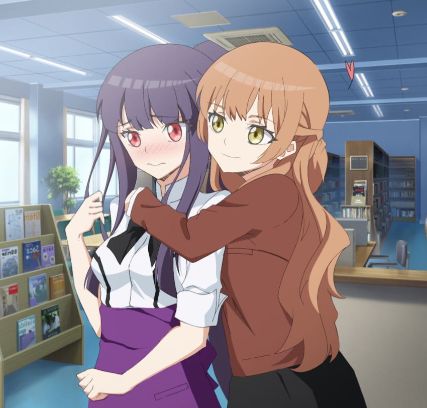 2girls asagami_fujino blush braid crossover fate/grand_order fate_(series) green_eyes hime_cut hug hug_from_behind kara_no_kyoukai library long_hair multiple_girls red_eyes ribbon saeki_sayaka school_uniform smile yagate_kimi_ni_naru yuri