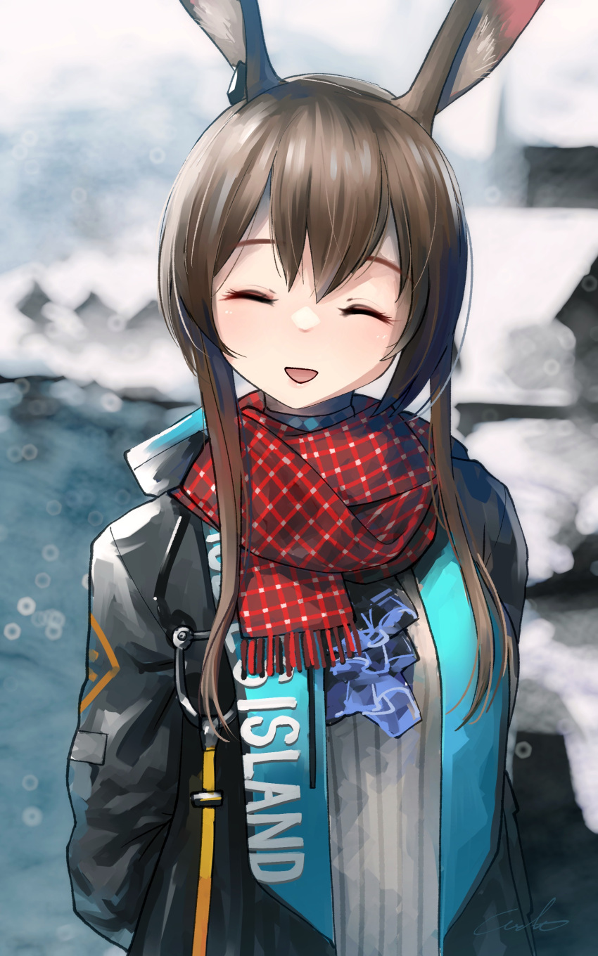 1girl :d absurdres amiya_(arknights) animal_ear_fluff animal_ears arknights arms_behind_back ascot black_coat blue_neckwear blurry blurry_background blush brown_hair closed_eyes clothes_writing coat depth_of_field facing_viewer highres open_clothes open_coat open_mouth rabbit_ears red_scarf scarf short_hair_with_long_locks sidelocks signature smile solo upper_body welt_(kinsei_koutenkyoku)