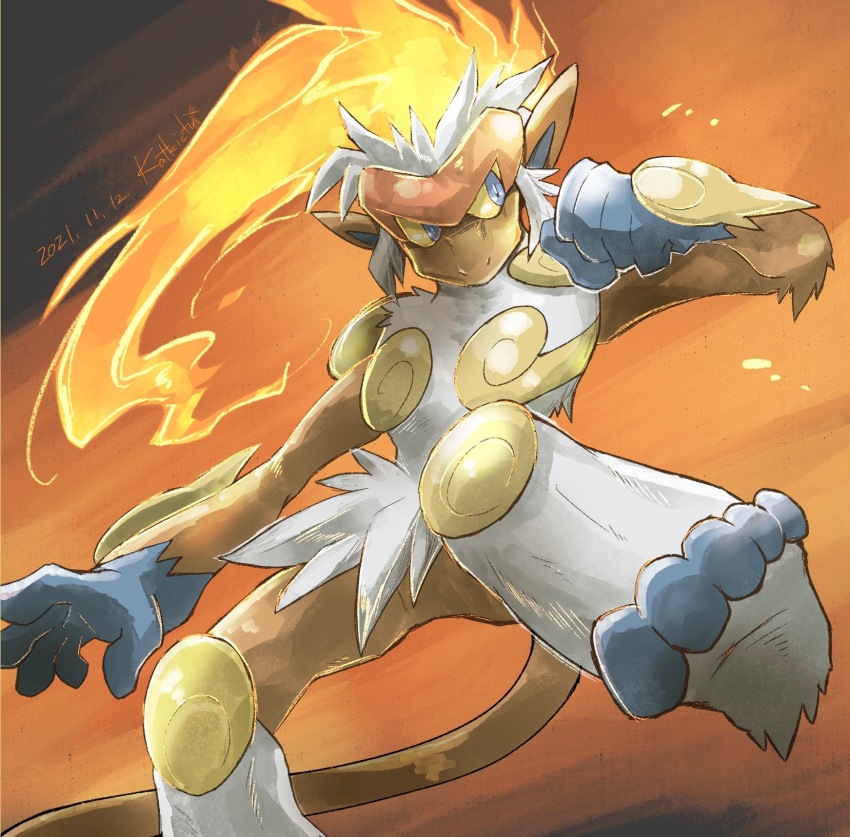 blue_eyes bright_pupils clenched_hand colored_sclera commentary_request dated fire from_below highres infernape katkichi legs_apart looking_to_the_side pokemon pokemon_(creature) signature solo toes white_pupils yellow_sclera