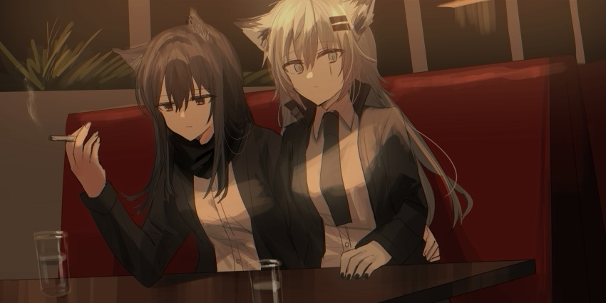 2girls absurdres animal_ear_fluff animal_ears arknights bangs between_fingers black_hair black_jacket black_nails black_neckwear breasts brown_eyes chihuri cigarette closed_mouth collared_shirt couch cup dress_shirt drinking_glass eyebrows_visible_through_hair grey_eyes grey_hair hair_between_eyes hair_ornament hairclip highres holding holding_cigarette jacket lappland_(arknights) long_hair long_sleeves looking_at_viewer multiple_girls nail_polish on_couch open_clothes open_jacket parted_lips shirt sitting small_breasts smoke table texas_(arknights) upper_body very_long_hair white_shirt
