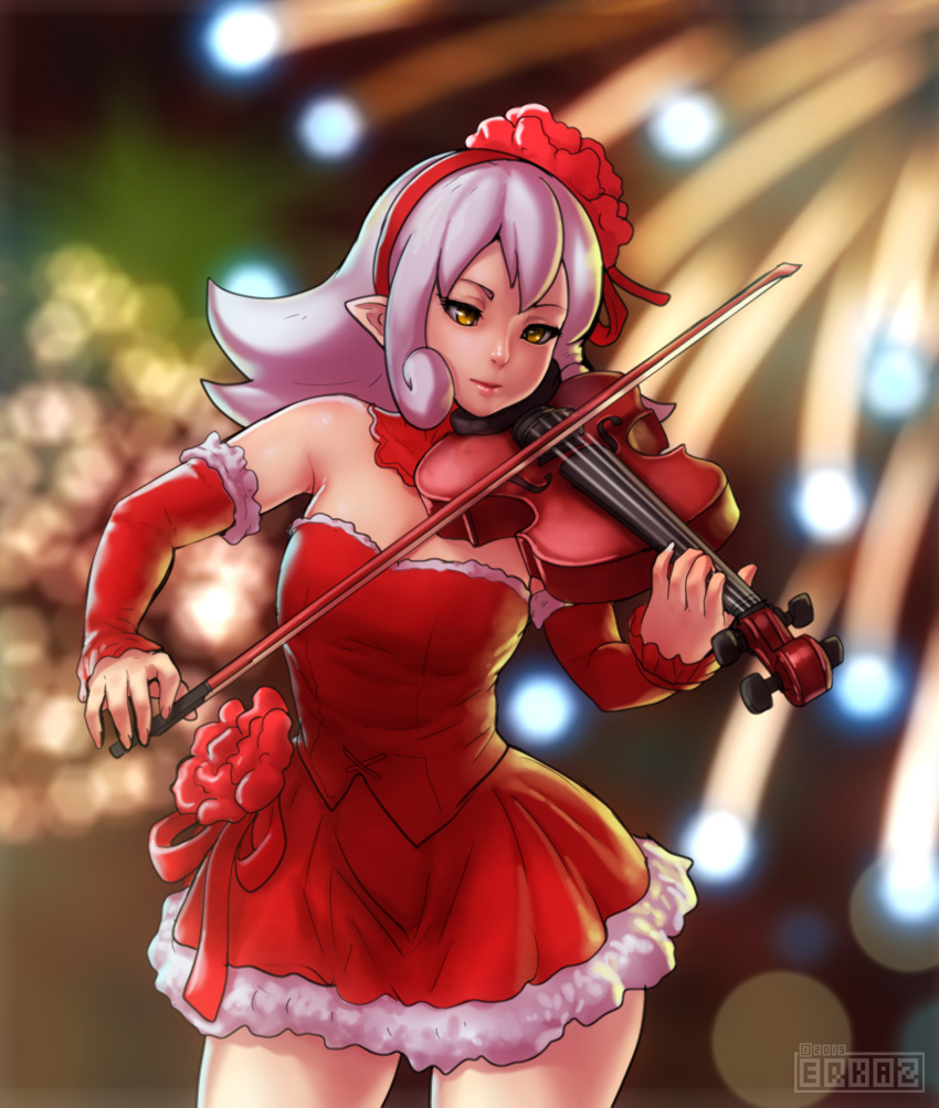 1girl artist_name bangs bare_shoulders blurry blurry_background borrowed_character bow_(instrument) brown_eyes cowboy_shot detached_sleeves dress erkaz fallecimiento_melodia fireworks flower fur_trim hairband highres instrument long_hair music original playing_instrument pointy_ears red_dress red_flower red_hairband red_ribbon_army red_sleeves solo strapless strapless_dress violin white_hair