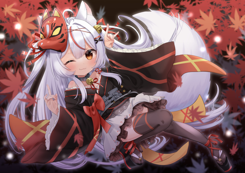 1girl 6l36 :3 ;3 animal_ears autumn_leaves belt double_fox_shadow_puppet fang fang_out fox_ears fox_girl fox_mask fox_shadow_puppet fox_tail frilled_skirt frilled_sleeves frills full_body highres indie_virtual_youtuber japanese_clothes kamiko_kana kimono leaf long_hair long_sleeves maple_leaf mask multicolored_hair one_eye_closed orange_eyes redhead sandals silver_hair skirt smile streaked_hair tail thigh-highs very_long_hair virtual_youtuber zettai_ryouiki