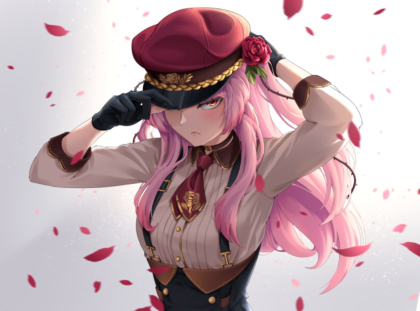 1girl arms_up black_gloves closed_mouth collared_shirt dress_shirt floral_print flower frown gloves grey_background hair_flower hair_ornament hat hat_over_one_eye highres long_sleeves looking_at_viewer military_hat necktie nijisanji nijisanji_en ootoii petals plant print_necktie red_eyes red_flower red_headwear red_necktie rosemi_lovelock shirt short_necktie side_ponytail solo suspenders upper_body vines virtual_youtuber white_shirt wing_collar
