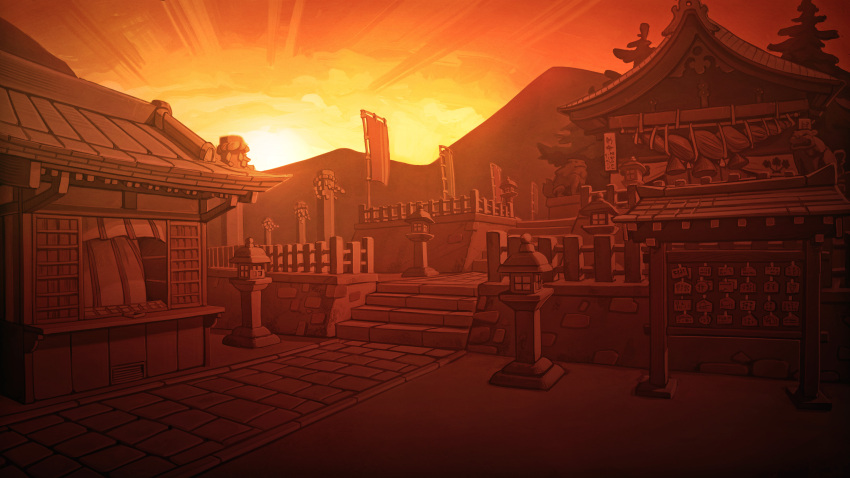 absurdres architecture banner building east_asian_architecture ema evening fence fir_tree gensokyo highres komainu moriya_shrine mountainous_horizon no_humans onbashira orange_sky outdoors path pavement rope scenery shide shimenawa shinto shop shrine sky stairs stone_lantern stone_stairs stone_walkway sunset touhou tree u-joe