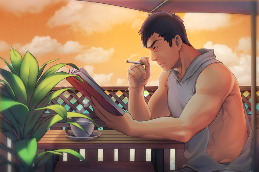 1boy black_hair book cigarette closed_mouth clouds commentary cup from_side frown grey_shirt highres holding holding_book holding_cigarette kashi_kosugi male_focus norman_(pokemon) outdoors plant pokemon pokemon_(game) pokemon_rse reading saucer shirt short_hair sitting sky sleeveless sleeveless_shirt smoking solo steam table twilight