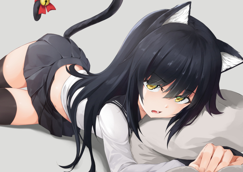 1girl animal_ear_fluff animal_ears bangs bell bitterpain black_hair black_legwear black_sailor_collar black_skirt black_tail cat_ears cat_girl cat_tail commentary_request eyebrows_visible_through_hair grey_background long_hair looking_at_viewer lying open_mouth original pillow pleated_skirt sailor_collar school_uniform simple_background skirt solo tail thigh-highs yellow_eyes
