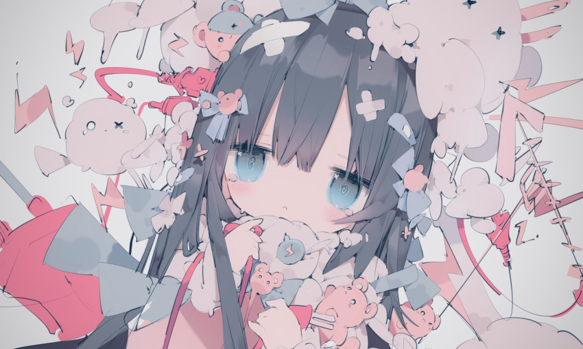 1girl :&lt; bandaid bandaid_on_head bangs bear_hair_ornament black_hair blue_bow blunt_bangs blush bow cable clouds crossed_bandaids hair_bow hair_ornament hamster highres hime_cut holding holding_cable long_hair looking_at_viewer melting nanmokaken original patches plug_in_head sidelocks solo tears very_long_hair x_x
