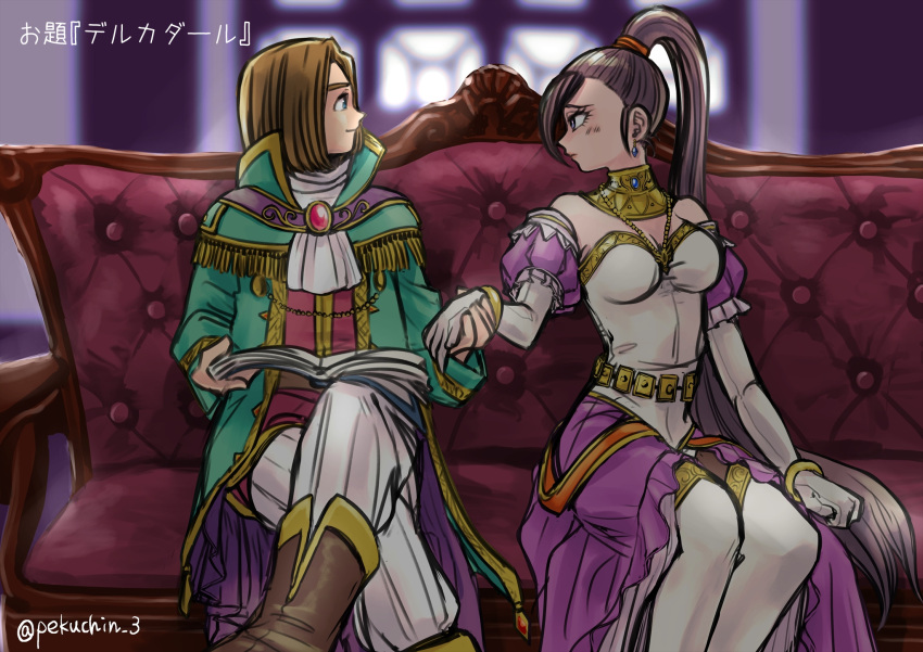 1boy 1girl bare_shoulders blue_eyes blush book boots breasts brown_footwear brown_hair chinyan coat commentary_request couch detached_sleeves dragon_quest dragon_quest_xi dress earrings elbow_gloves gloves green_coat hair_ornament hair_scrunchie hero_(dq11) high_ponytail highres holding holding_book holding_hands jewelry large_breasts long_hair looking_at_another martina_(dq11) on_couch orange_scrunchie pants ponytail purple_dress purple_hair red_shirt scrunchie shirt short_sleeves sitting thigh-highs translation_request twitter_username very_long_hair violet_eyes white_dress white_gloves white_legwear white_pants