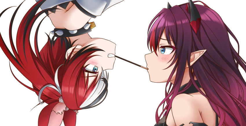 2girls absurdres animal_ears black_hair blue_eyes blush collar dice_hair_ornament eyebrows_visible_through_hair food hair_ornament hakos_baelz highres hololive hololive_english irys_(hololive) jan_azure mouse_ears multicolored_hair multiple_girls pocky pocky_kiss pointy_ears purple_hair redhead simple_background spiked_collar spikes teeth upside-down white_background white_hair yuri