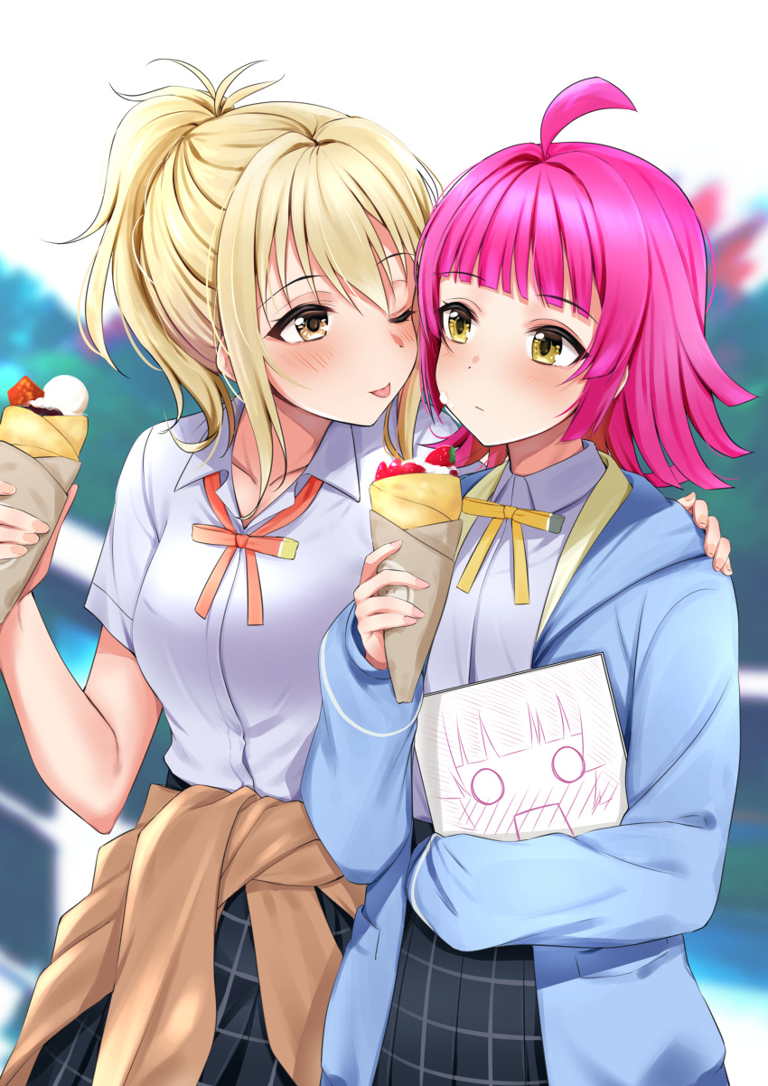 2girls absurdres ahoge bangs blonde_hair blue_hoodie blunt_bangs blunt_ends brown_cardigan cardigan clothes_around_waist collared_shirt couple cream cream_on_face crepe dress_shirt food food_on_face food_wrapper gyaru highres hood hoodie imminent_kiss jacket jacket_around_waist kitaku_jikan_(ktk_jkn) long_sleeves love_live! love_live!_nijigasaki_high_school_idol_club medium_hair miyashita_ai multiple_girls neck_ribbon nijigasaki_academy_uniform orange_eyes pink_hair red_neckwear ribbon shirt short_hair short_ponytail sidelocks sketchbook sleeves_past_fingers sleeves_past_wrists tennouji_rina tongue tongue_out white_shirt yellow_eyes yellow_neckwear yuri