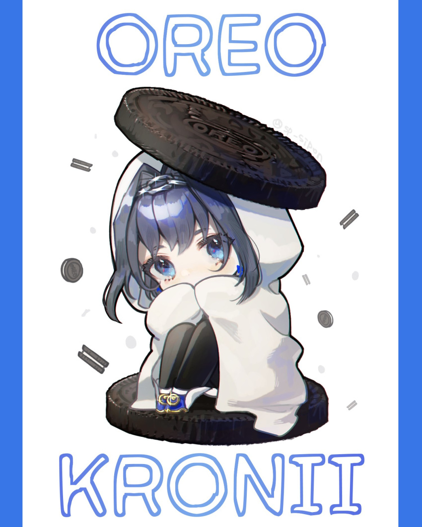 1girl bangs black_legwear blanket blue_eyes blue_hair chibi commentary cookie covered_mouth earrings english_commentary food hair_intakes highres hololive hololive_english jewelry knees_up oreo ouro_kronii pun short_hair sitting solo spicy_punch thigh-highs twitter_username two-tone_background virtual_youtuber