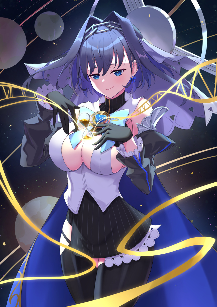 1girl bare_shoulders blue_eyes blue_hair bow breasts chain cocoablue23 cowboy_shot detached_sleeves earrings eyebrows_visible_through_hair gloves hair_between_eyes heart highres hololive hololive_english jewelry large_breasts ouro_kronii smile solo thigh-highs virtual_youtuber