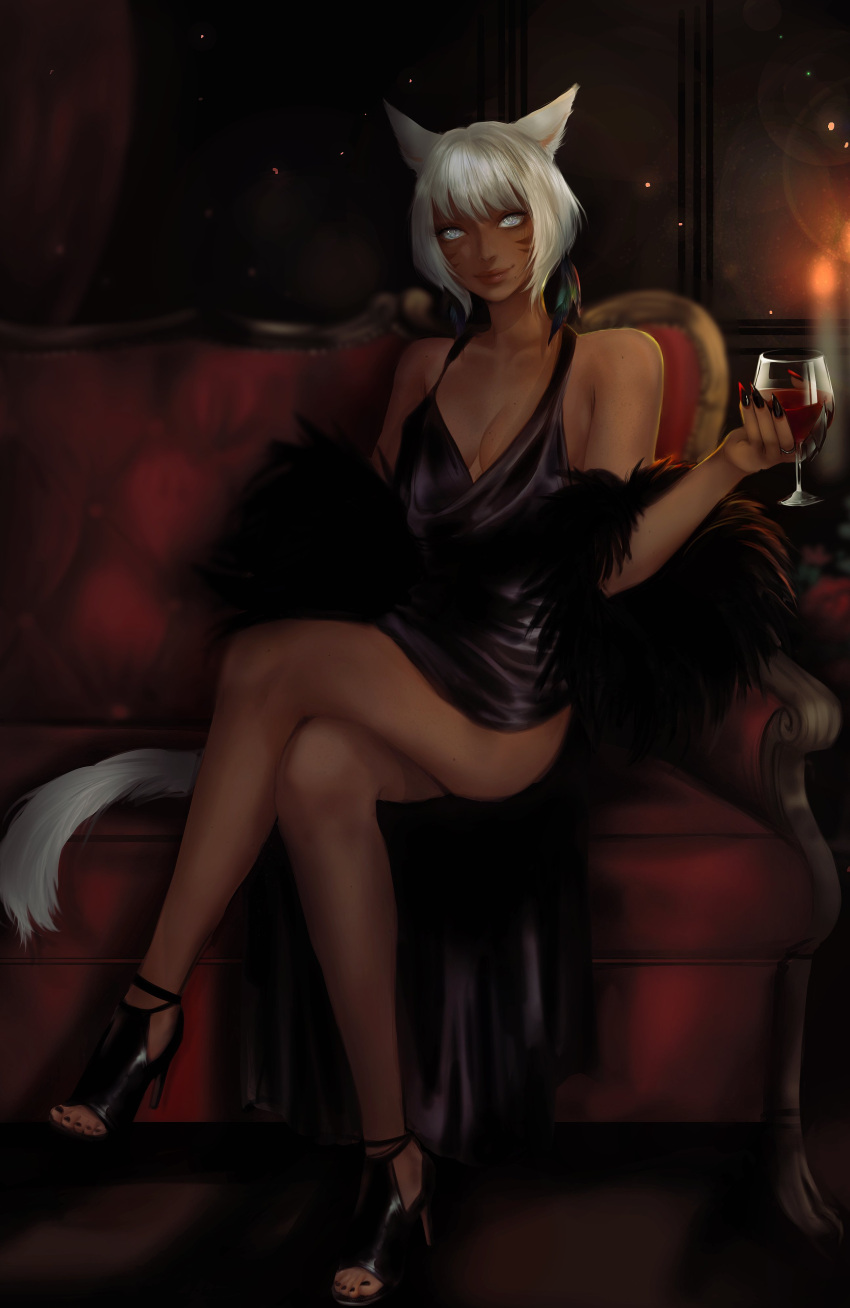 1girl absurdres animal_ears bangs black_dress breasts cat_ears cat_tail crossed_legs cup dark-skinned_female dark_skin dress drinking_glass facial_mark feather-trimmed_sleeves feather_hair_ornament feathers final_fantasy final_fantasy_xiv fingernails hair_ornament high_heels highres holding holding_cup medium_breasts miqo'te raviollies sharp_fingernails sitting solo tail whisker_markings white_hair wine_glass y'shtola_rhul
