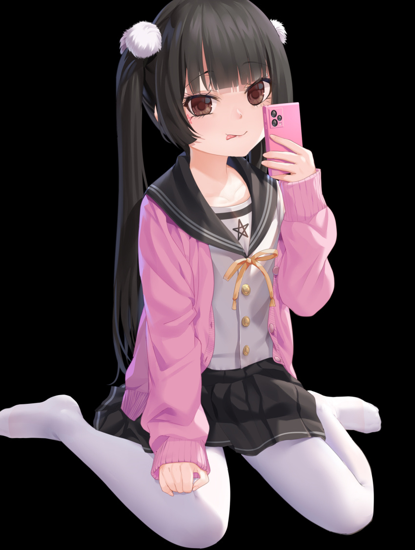 1girl :p bangs black_background black_hair black_sailor_collar black_skirt brown_eyes cardigan cellphone closed_mouth eyebrows_visible_through_hair highres holding holding_phone long_hair looking_at_viewer neck_ribbon no_shoes open_cardigan open_clothes original pantyhose phone pink_cardigan pleated_skirt ribbon sailor_collar school_uniform serafuku shirt simple_background skirt smile solo tongue tongue_out too-ye twintails uneven_eyes very_long_hair white_legwear white_shirt yellow_ribbon
