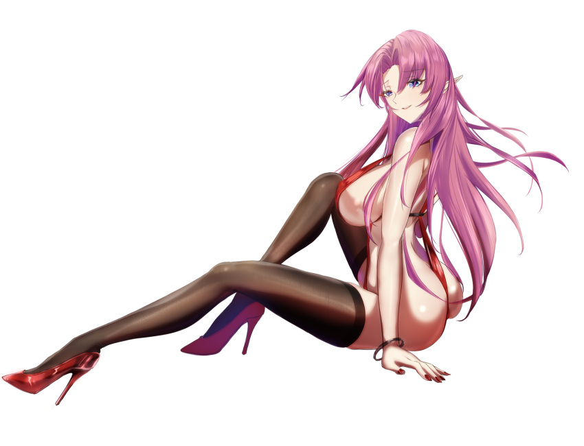 1girl azur_lane black_legwear blue_eyes bracelet breasts closed_mouth duke_of_york_(azur_lane) eyebrows_visible_through_hair full_body gosama hair_between_eyes hand_on_floor high_heels highres jewelry large_breasts legs long_hair looking_at_viewer on_floor pink_hair pointy_ears red_footwear red_nails red_swimsuit sideboob sitting smile solo swimsuit thigh-highs thighs white_background