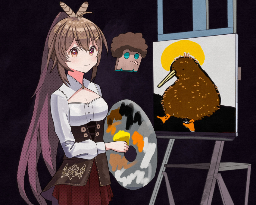 1girl absurdres afro bangs bird bob_ross brown_corset brown_eyes brown_hair dark_background deozt easel feather_hair_ornament feathers friend_(nanashi_mumei) hair_between_eyes hair_ornament hairclip halo high_ponytail highres holding holding_palette hololive hololive_english kiwi long_hair looking_at_viewer nanashi_mumei nanashi_mumei_(artist) owl_girl painting_(object) palette_(object) parody ponytail red_skirt shirt sidelocks skirt very_long_hair white_shirt