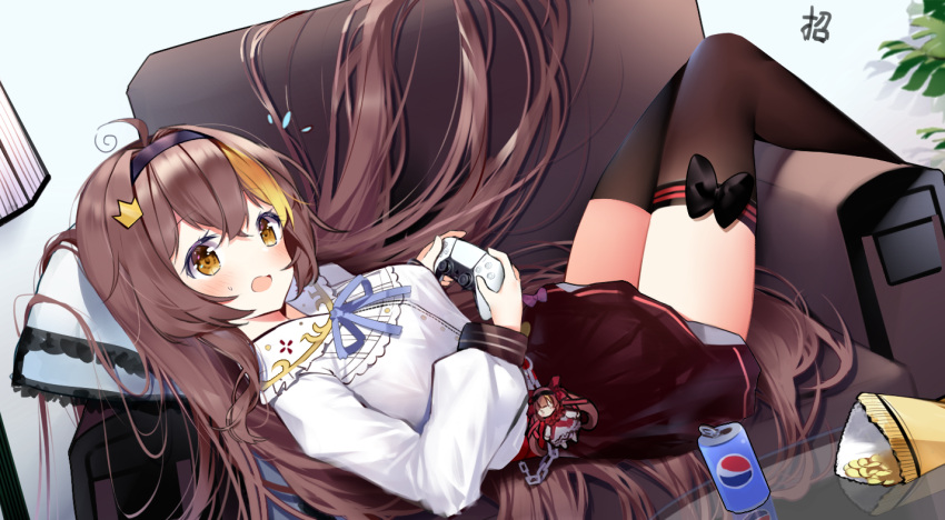 ahoge bangs black_legwear blonde_hair blue_ribbon blush breasts brown_eyes brown_hair character_request chips controller couch eyebrows_visible_through_hair food hair_ornament hairband hairclip holding holding_controller long_hair long_sleeves looking_at_viewer lying multicolored_hair on_back open_mouth pepsi ribbon thigh-highs two-tone_hair virtual_youtuber zettai_ryouiki zhao_(pixiv12947327)