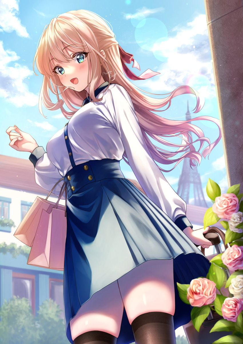1girl :d amagi_shino artist_name bag blonde_hair blue_eyes blush carrying_bag commentary_request dress eiffel_tower eyelashes flower hair_ornament hair_ribbon happy highres long_hair long_sleeves looking_at_viewer open_mouth original paris ribbon signature smile solo standing thigh-highs thighs