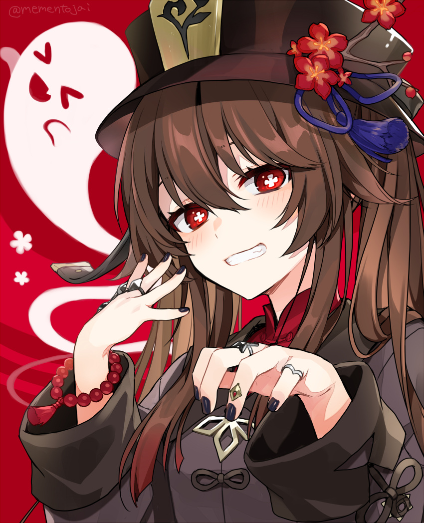 1girl absurdres bangs black_coat black_headwear black_nails blush brown_hair chinese_clothes coat commentary_request fingernails flower flower-shaped_pupils genshin_impact ghost grin hair_between_eyes hat hat_flower highres hu_tao_(genshin_impact) jewelry long_hair looking_at_viewer memeno nail_polish plum_blossoms porkpie_hat red_background red_eyes red_flower ring smile symbol-shaped_pupils tassel teeth twintails twitter_username upper_body wide_sleeves