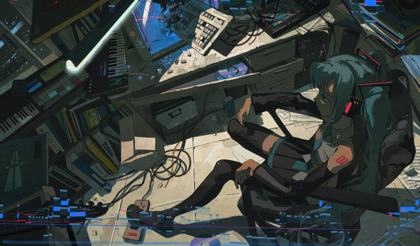 1girl absurdres aqua_hair black_sleeves box chair detached_sleeves drawer from_above glowing grey_shirt hatsune_miku highres indoors instrument keyboard_(computer) keyboard_(instrument) long_hair ntaluuu profile screen shadow shirt sitting sleeveless sleeveless_shirt solo twintails vocaloid wide_shot