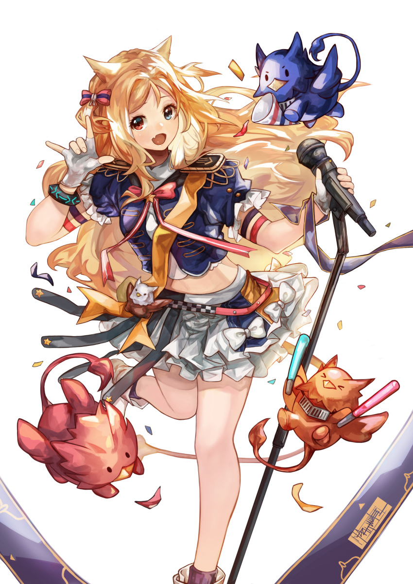&gt;_&lt; 1girl :d \m/ absurdres animal_ears archetto_(arknights) archetto_(publicity_strategy)_(arknights) arknights bangs blonde_hair blue_eyes blue_jacket boots bow breasts closed_eyes confetti eyebrows_visible_through_hair fang feet_out_of_frame fingerless_gloves gloves glowstick hands_up heterochromia highres holding holding_microphone jacket layered_skirt long_hair medium_breasts microphone microphone_stand pleated_skirt puffy_short_sleeves puffy_sleeves purple_legwear red_bow red_eyes sanktkaisersavia short_sleeves simple_background skirt smile socks solo standing standing_on_one_leg very_long_hair white_background white_footwear white_gloves white_skirt