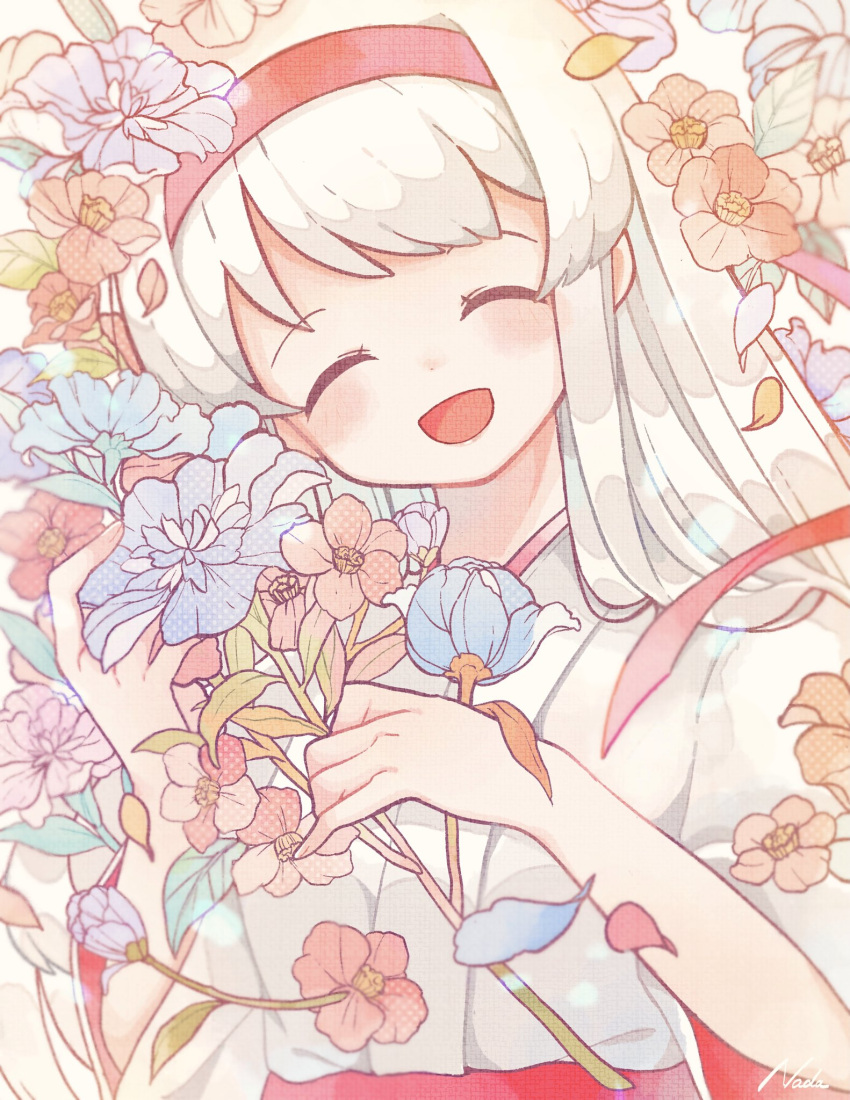 1girl bangs blue_flower blush closed_eyes flower hakama headband highres holding holding_flower japanese_clothes kantai_collection leaf long_hair nada_namie open_mouth petals pink_flower red_flower red_hakama shoukaku_(kancolle) signature simple_background solo upper_body white_background white_hair