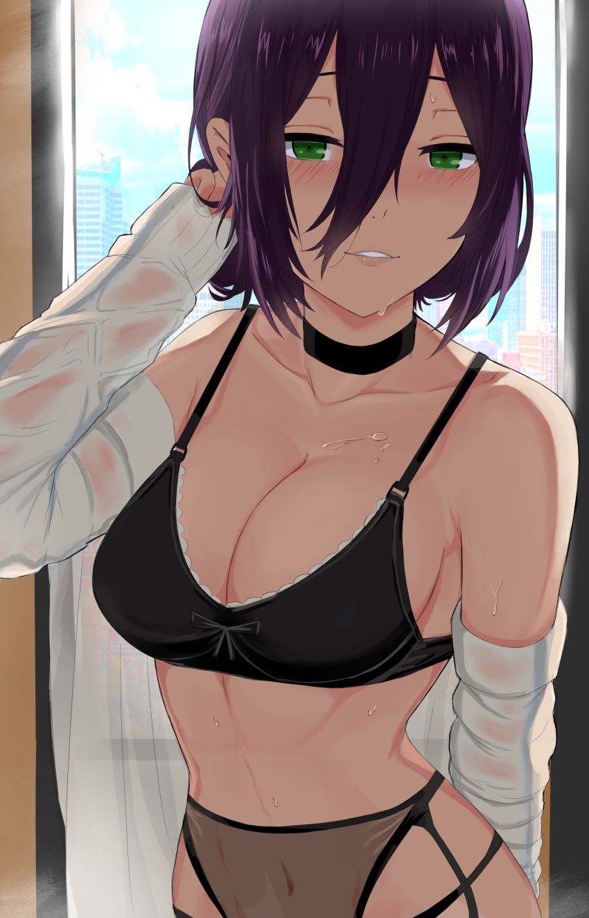 1girl absurdres bare_shoulders black_bra black_choker black_panties blush bra breasts chainsaw_man choker clothes_down garter_belt garter_straps green_eyes hair_between_eyes highres i-chandraws lingerie long_sleeves looking_at_viewer medium_breasts navel panties parted_lips purple_hair reze_(chainsaw_man) see-through_shirt shirt short_hair solo sweat underwear upper_body wet wet_clothes wet_shirt window