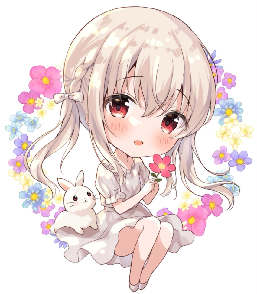 1girl amedamacon animal bangs blue_flower bow braid chibi commentary_request dress eyebrows_visible_through_hair flower full_body grey_hair hair_between_eyes hair_bow highres holding holding_flower long_hair looking_at_viewer original pink_flower puffy_short_sleeves puffy_sleeves purple_flower rabbit red_eyes red_flower shoes short_sleeves sitting solo twintails very_long_hair white_background white_bow white_dress white_flower white_footwear