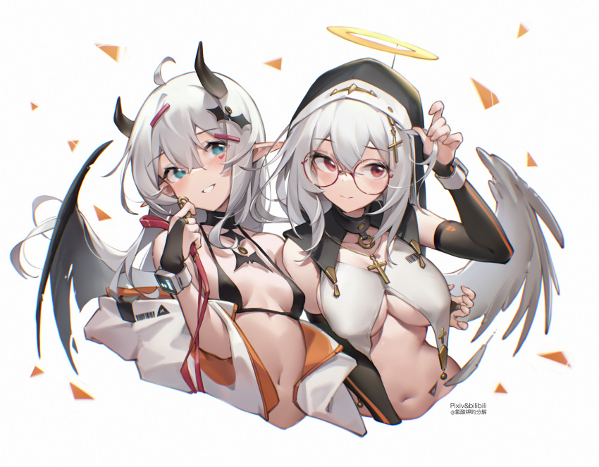 2girls absurdres angel_wings arm_around_waist bangs bikini bilibili_xiaolu black_bikini blue_eyes breast_curtains breasts bridal_gauntlets chinese_commentary closed_mouth commentary_request cropped_torso cross_hair_ornament demon_horns demon_wings detached_sleeves eyebrows_visible_through_hair feathers glasses habit hair_between_eyes hair_ornament halo highres holding horns jacket long_hair long_sleeves medium_breasts multiple_girls navel off_shoulder original parted_lips pointy_ears red_eyes silver_hair simple_background small_breasts smile stomach striped swimsuit upper_body white_background white_jacket wings