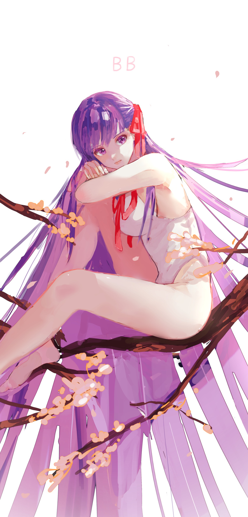 1girl absurdly_long_hair absurdres bangs bare_arms bare_legs bare_shoulders barefoot bb_(fate) branch breasts character_name cherry_blossoms commentary_request eyebrows_visible_through_hair fate/extra fate/extra_ccc fate/grand_order fate_(series) hair_ribbon highres hugging_own_legs kikinoki large_breasts leotard long_hair looking_to_the_side neck_ribbon partial_commentary petals purple_hair red_ribbon ribbon simple_background sitting solo very_long_hair violet_eyes white_background white_leotard