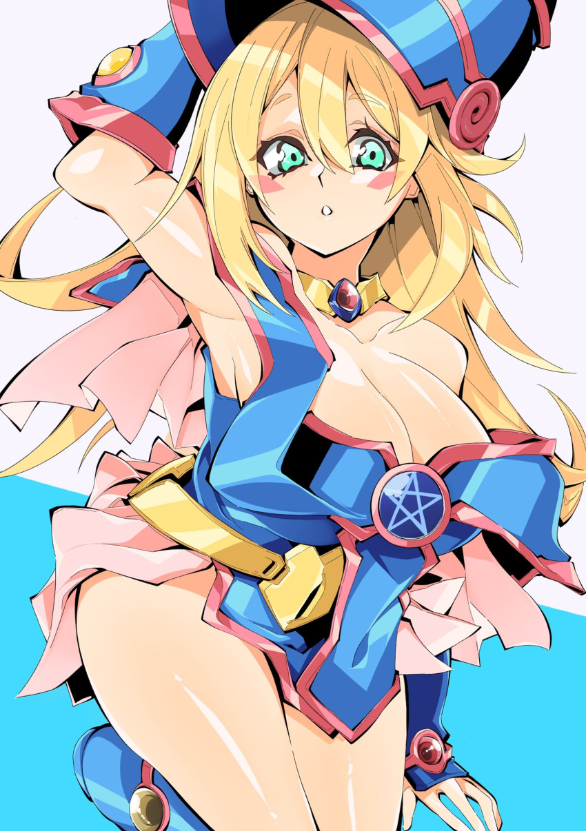 1girl arm_behind_head armpits bangs bare_shoulders blonde_hair blue_background blue_footwear blush_stickers boots breasts dark_magician_girl duel_monster eyebrows_visible_through_hair feet_out_of_frame green_eyes hair_between_eyes highres kakutasu_1700 large_breasts long_hair looking_at_viewer off_shoulder solo two-tone_background white_background yu-gi-oh! yu-gi-oh!_duel_monsters