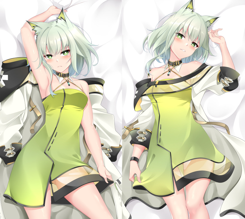 1girl animal_ear_fluff animal_ears arknights arm_up armpits ass_visible_through_thighs bare_shoulders bed_sheet blush breasts bright_pupils cat_ears closed_mouth collar collarbone dakimakura_(medium) dress eyebrows_visible_through_hair feet_out_of_frame from_above green_dress green_eyes green_hair head_tilt highres kal'tsit_(arknights) labcoat long_sleeves lying masabodo medium_breasts multiple_views off_shoulder on_back on_bed open_clothes parted_lips see-through short_hair smile v-shaped_eyebrows