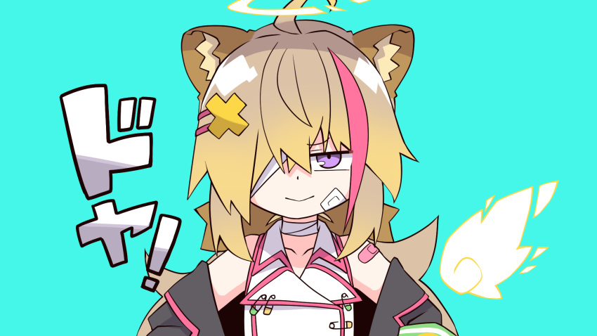 1girl ahoge animal_ear_fluff animal_ears bandage_over_one_eye bandaged_neck bandages bandaid bandaid_on_arm bare_shoulders black_jacket blue_background brown_hair closed_mouth collarbone commentary_request dadadada_tenshi dress hair_over_one_eye halo highres indie_virtual_youtuber jacket long_hair looking_at_viewer mizunashi_(second_run) multicolored_hair off_shoulder open_clothes open_jacket pink_hair shirakumo_mame simple_background sleeveless sleeveless_dress smile solo streaked_hair upper_body violet_eyes virtual_youtuber white_dress