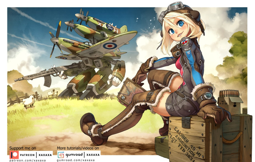 1girl ammunition black_shorts blonde_hair blue_eyes boots box breasts brown_footwear brown_gloves clouds english_commentary freckles fur_trim gerwalk gloves gun holding holding_gun holding_weapon looking_at_viewer macross mask mask_around_neck mecha mechanization original parted_lips pink_shirt propeller sheep shirt short_shorts shorts sky small_breasts smile solo_focus spitfire_(airplane) thigh-highs thigh_boots weapon xaxaxa